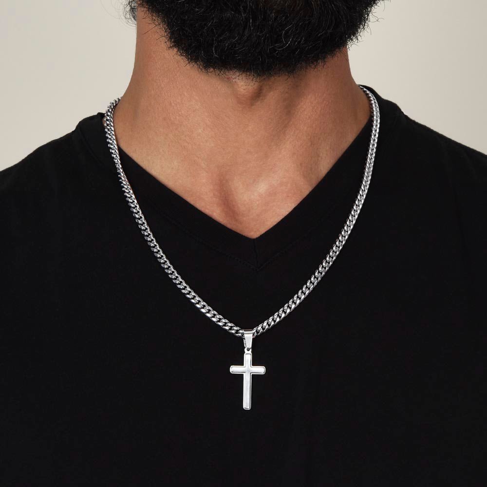 Man of Faith" Men's Stainless Steel Cross Necklace – Cuban Link Chain