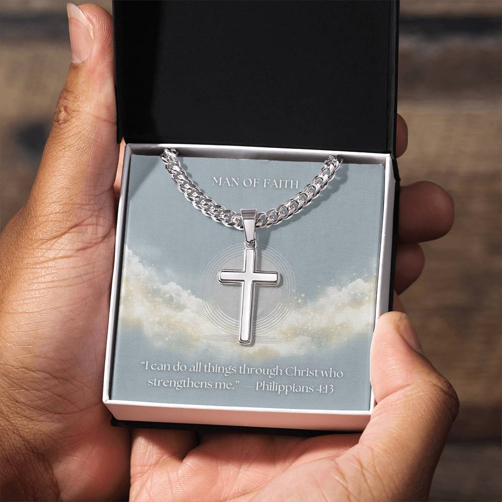 Man of Faith" Men's Stainless Steel Cross Necklace – Cuban Link Chain
