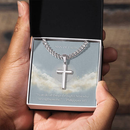 Man of Faith" Men's Stainless Steel Cross Necklace – Cuban Link Chain