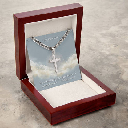 Man of Faith" Men's Stainless Steel Cross Necklace – Cuban Link Chain
