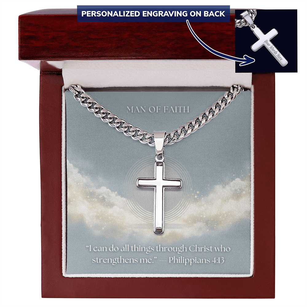 Man of Faith" Men's Stainless Steel Cross Necklace – Cuban Link Chain