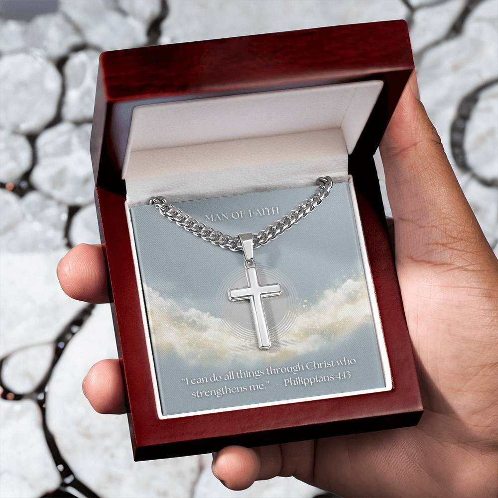 Man of Faith" Men's Stainless Steel Cross Necklace – Cuban Link Chain
