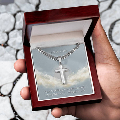 Man of Faith" Men's Stainless Steel Cross Necklace – Cuban Link Chain
