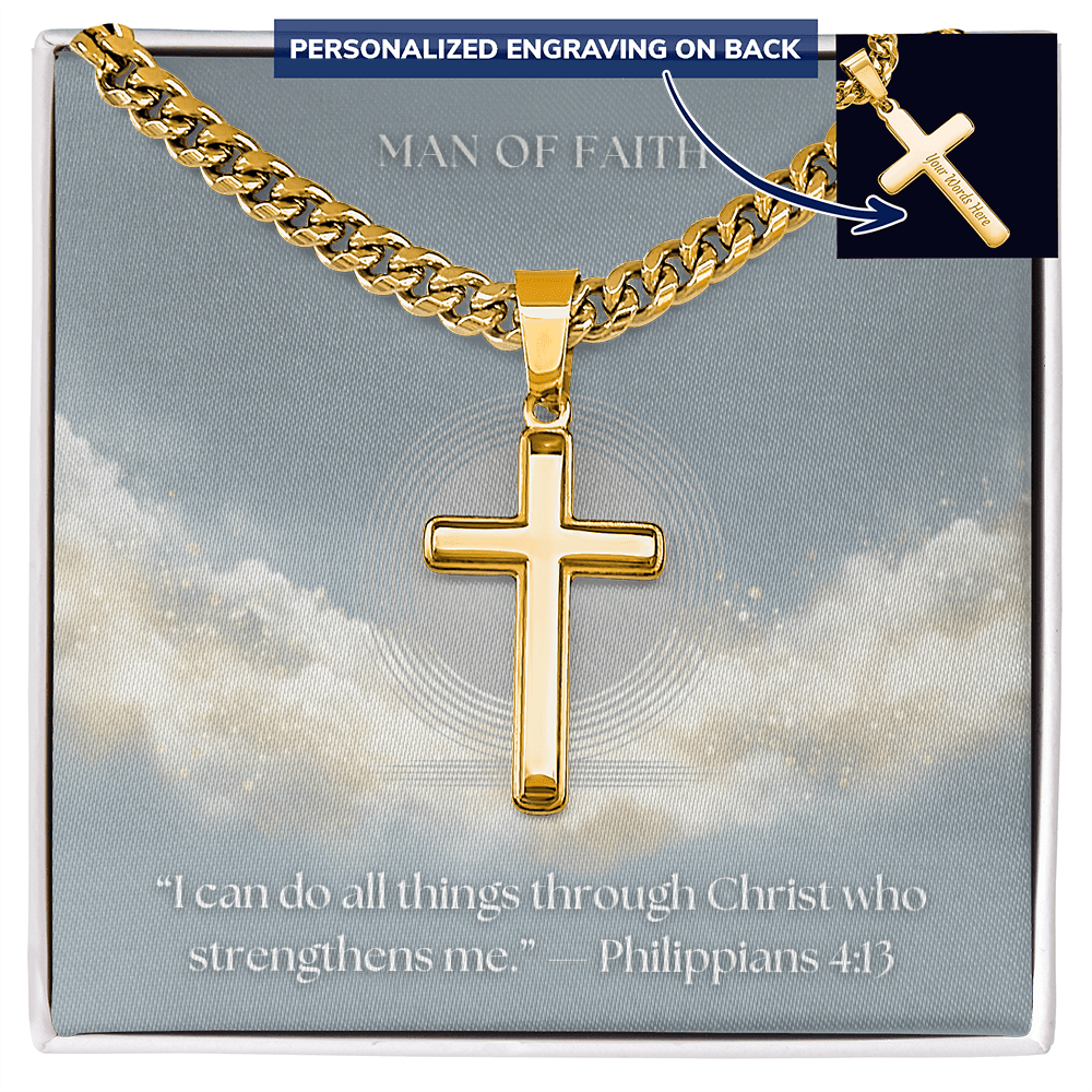 Man of Faith" Men's Stainless Steel Cross Necklace – Cuban Link Chain