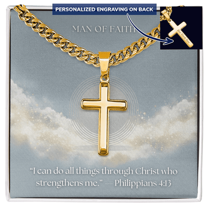 Man of Faith" Men's Stainless Steel Cross Necklace – Cuban Link Chain