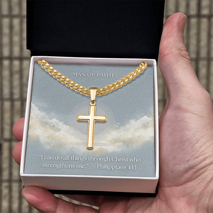 Man of Faith" Men's Stainless Steel Cross Necklace – Cuban Link Chain