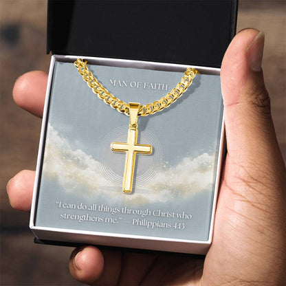 Man of Faith" Men's Stainless Steel Cross Necklace – Cuban Link Chain