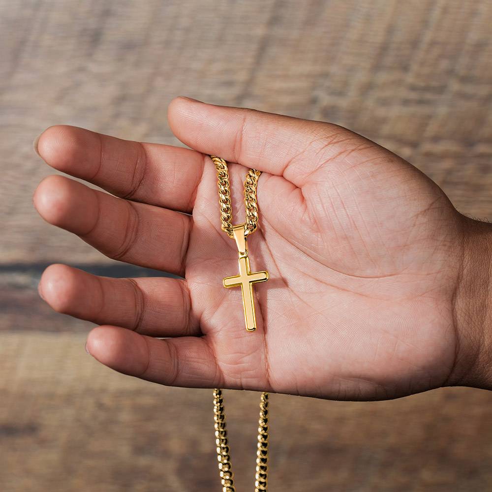 Man of Faith" Men's Stainless Steel Cross Necklace – Cuban Link Chain