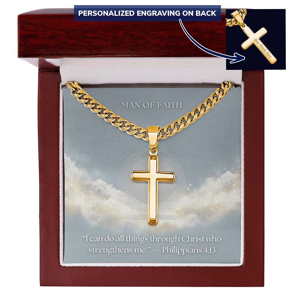 Man of Faith" Men's Stainless Steel Cross Necklace – Cuban Link Chain