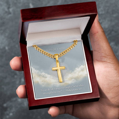 Man of Faith" Men's Stainless Steel Cross Necklace – Cuban Link Chain