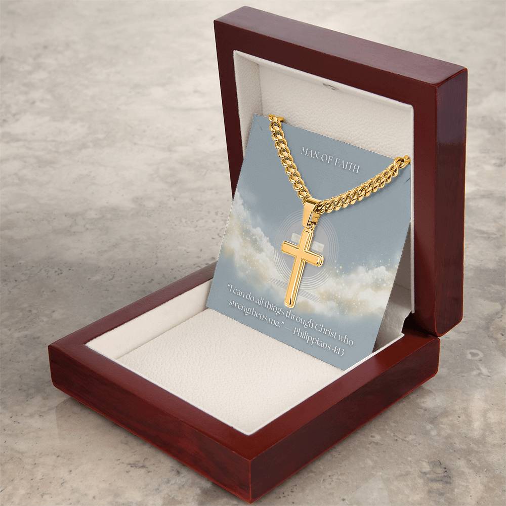 Man of Faith" Men's Stainless Steel Cross Necklace – Cuban Link Chain