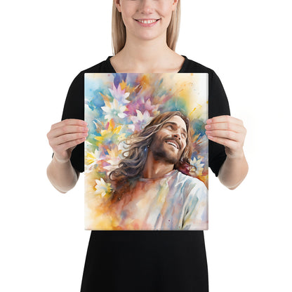 Laughing Jesus With Flowers Canvas Print