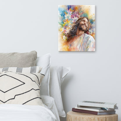 Laughing Jesus With Flowers Canvas Print