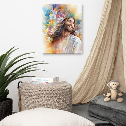 Laughing Jesus With Flowers Canvas Print