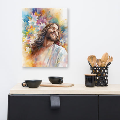 Laughing Jesus With Flowers Canvas Print