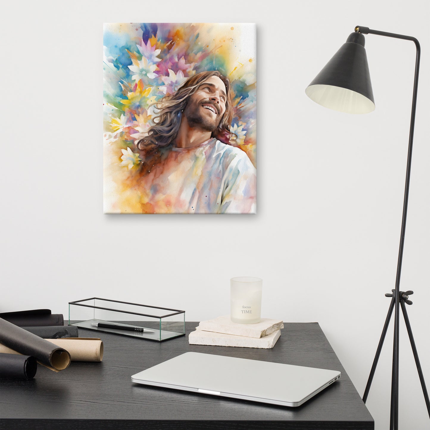 Laughing Jesus With Flowers Canvas Print