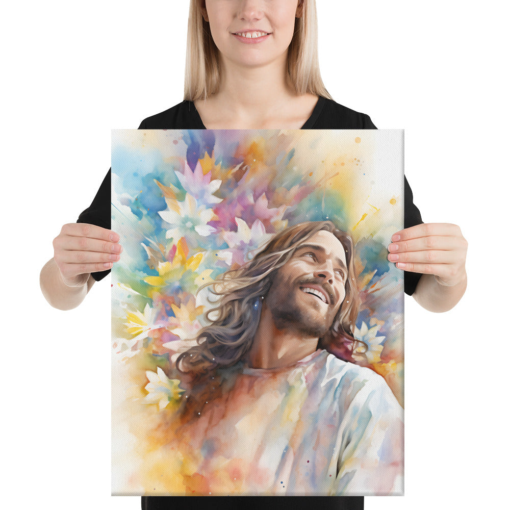 Laughing Jesus With Flowers Canvas Print