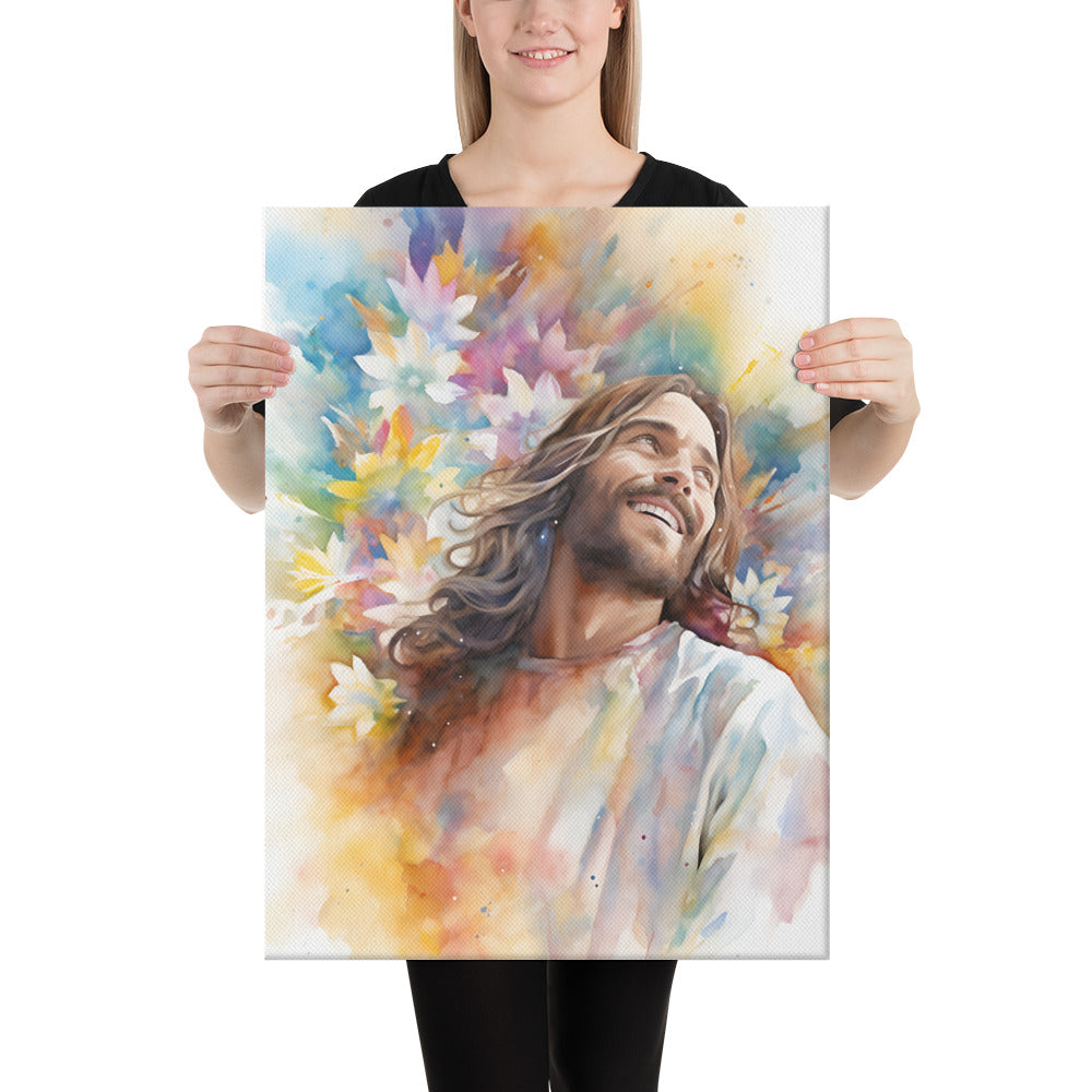 Laughing Jesus With Flowers Canvas Print