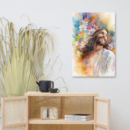 Laughing Jesus With Flowers Canvas Print