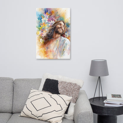 Laughing Jesus With Flowers Canvas Print