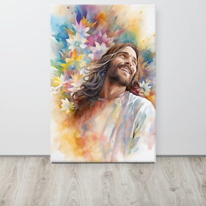 Laughing Jesus With Flowers Canvas Print