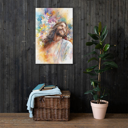 Laughing Jesus With Flowers Canvas Print
