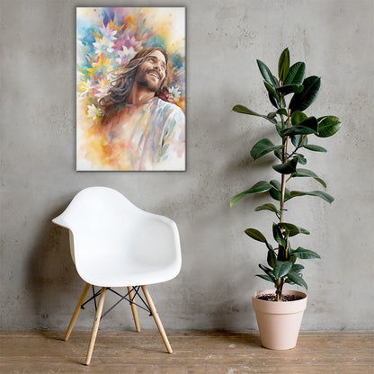 Laughing Jesus With Flowers Canvas Print