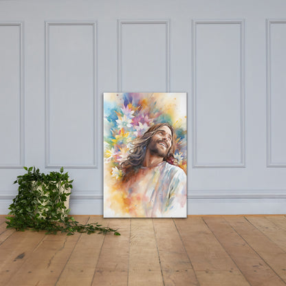 Laughing Jesus With Flowers Canvas Print