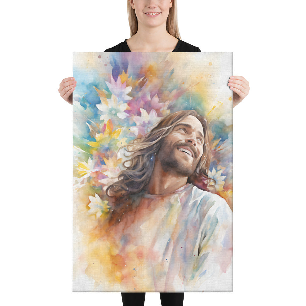 Laughing Jesus With Flowers Canvas Print
