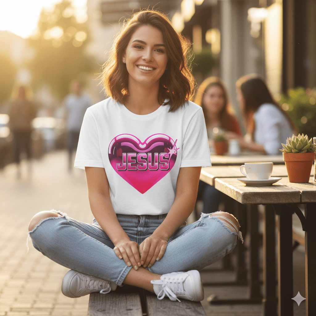 I Love Jesus Shiny Pink Heart T-Shirt - ChristVisions