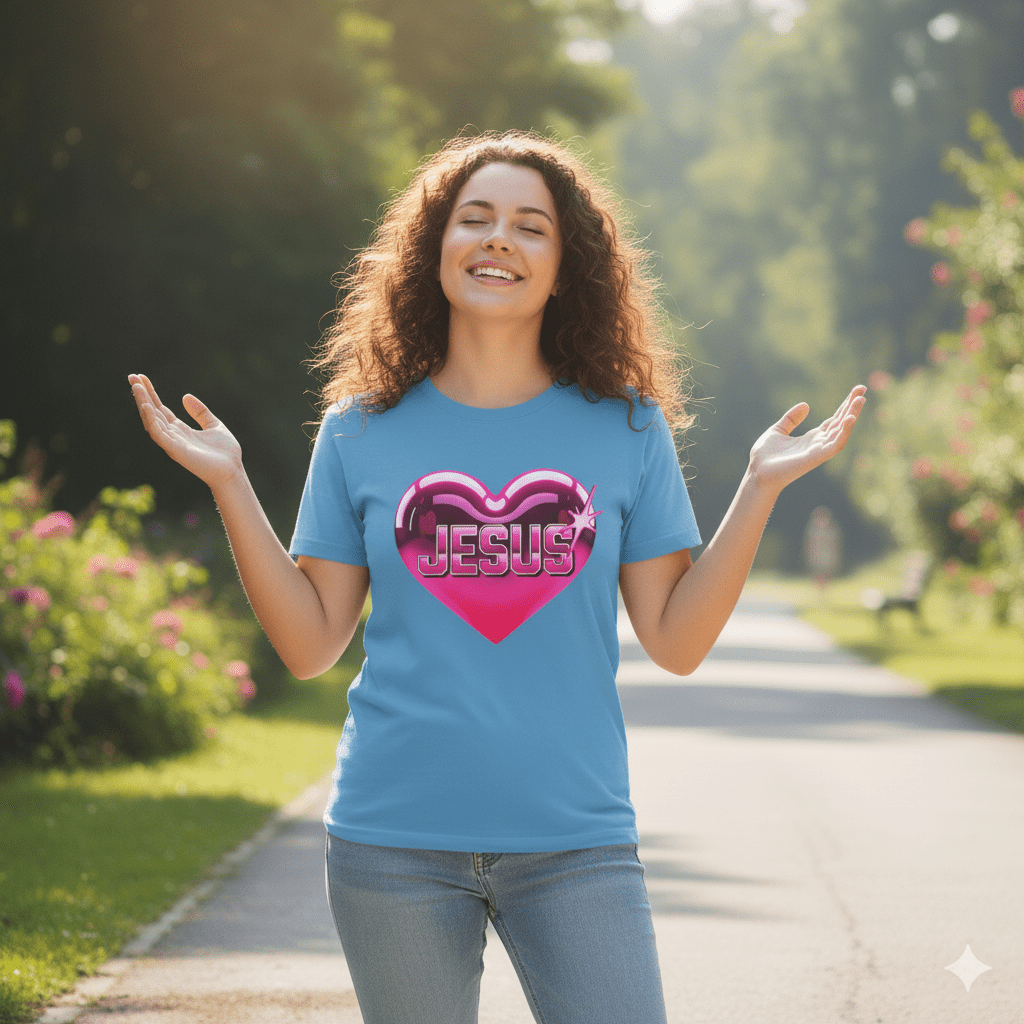 I Love Jesus Shiny Pink Heart T-Shirt - ChristVisions