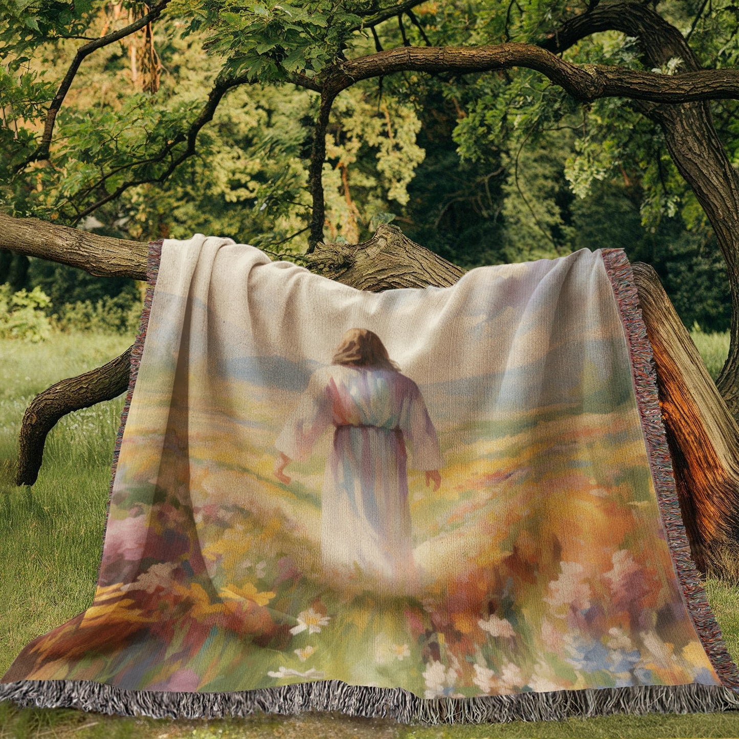 Jesus In The Field Of Flowers | Christian Woven Throw Blanket - ChristVisions