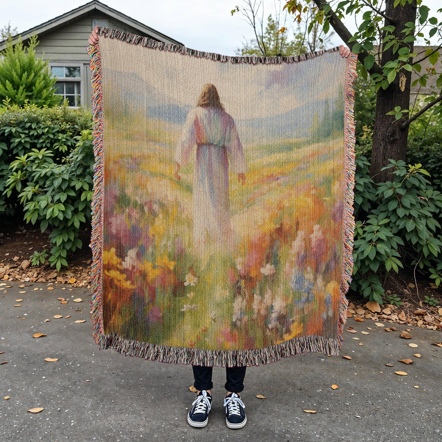 Jesus In The Field Of Flowers | Christian Woven Throw Blanket - ChristVisions