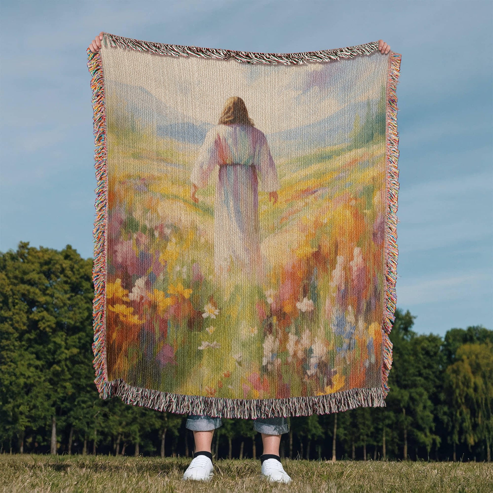 Jesus In The Field Of Flowers | Christian Woven Throw Blanket - ChristVisions
