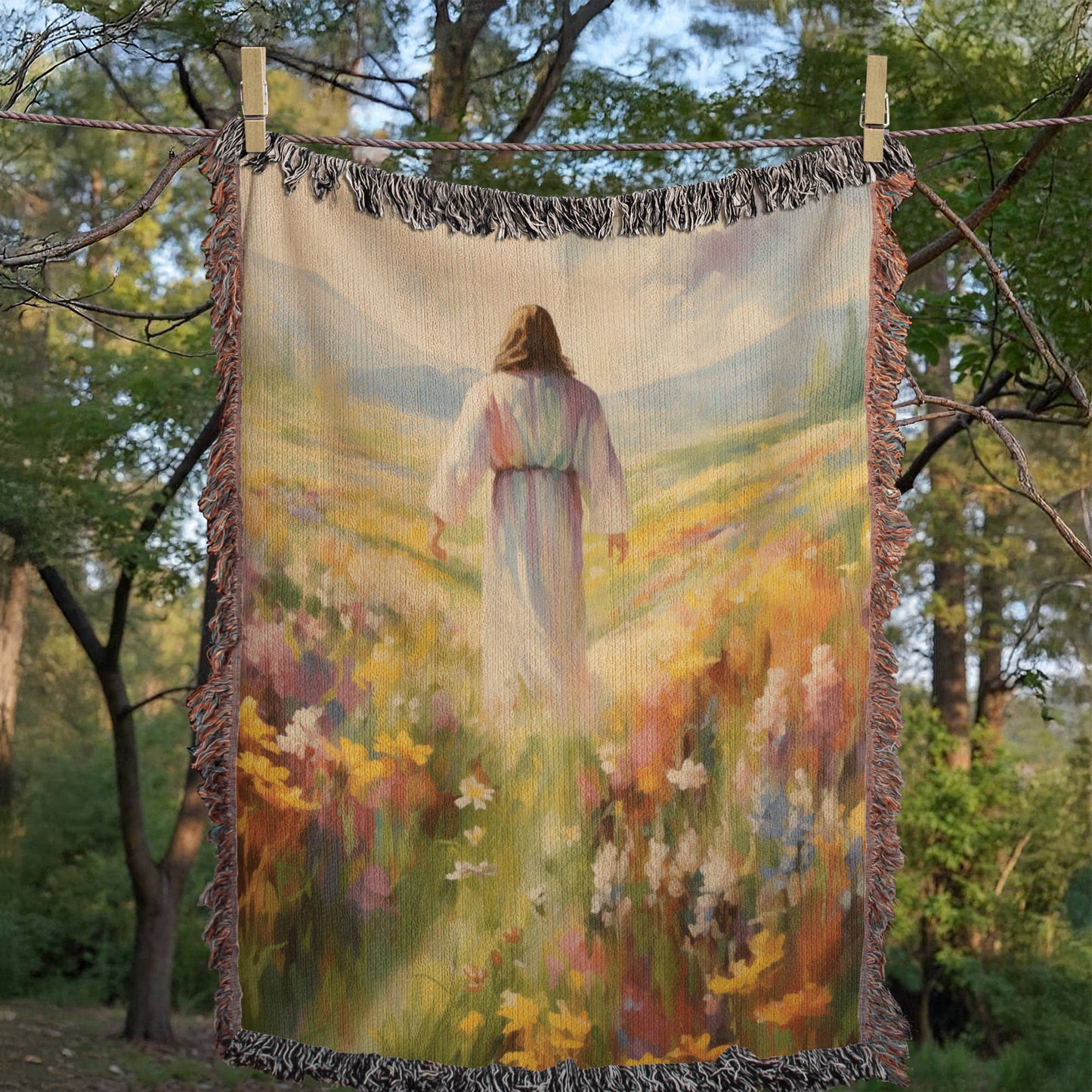 Jesus In The Field Of Flowers | Christian Woven Throw Blanket - ChristVisions