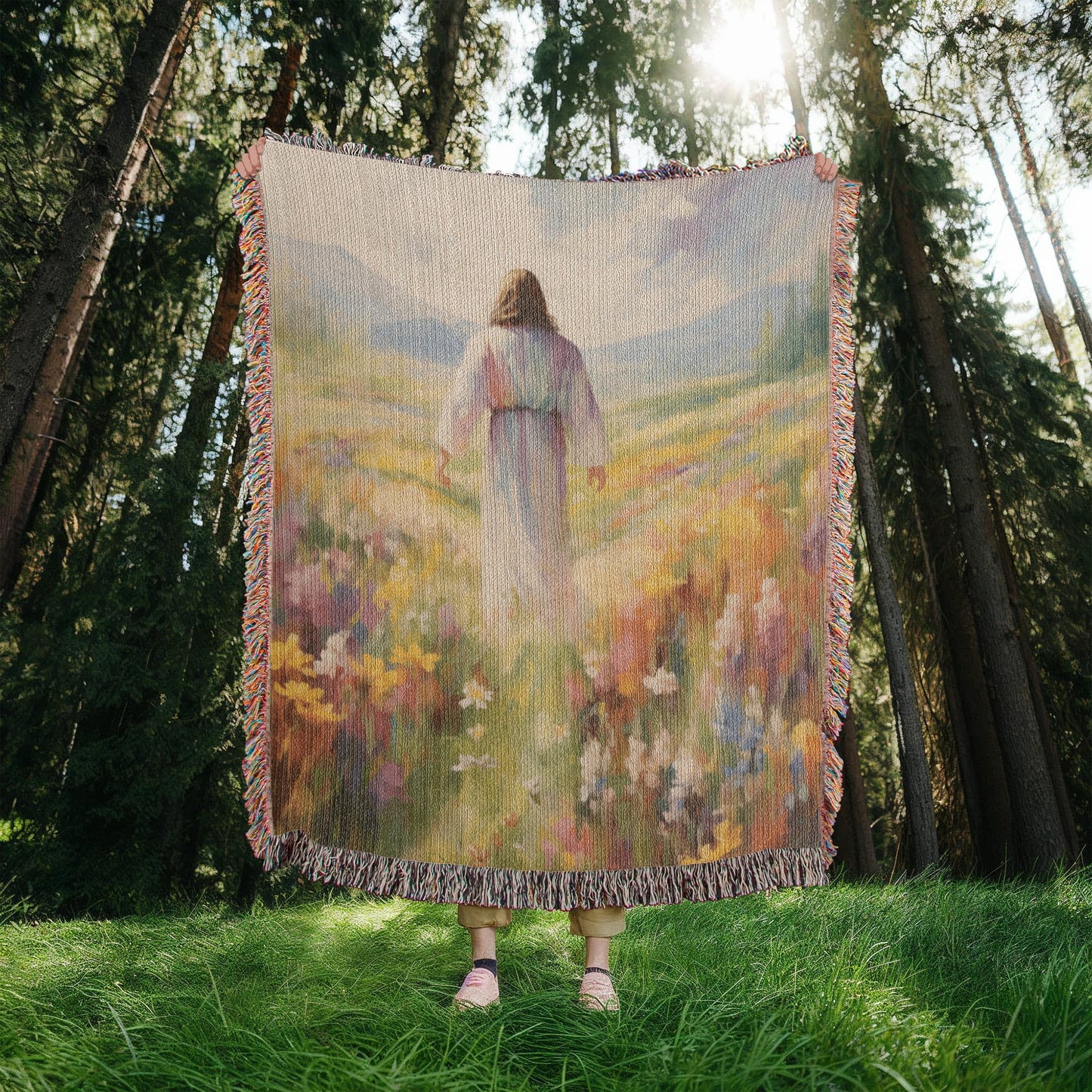 Jesus In The Field Of Flowers | Christian Woven Throw Blanket - ChristVisions