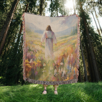 Jesus In The Field Of Flowers | Christian Woven Throw Blanket - ChristVisions