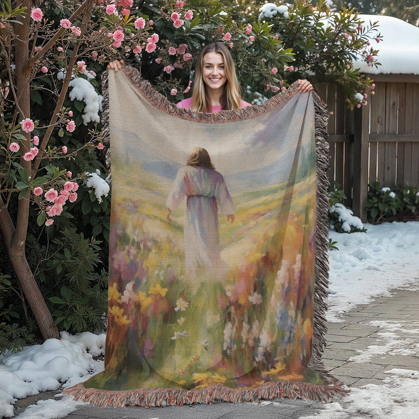 Jesus In The Field Of Flowers | Christian Woven Throw Blanket - ChristVisions