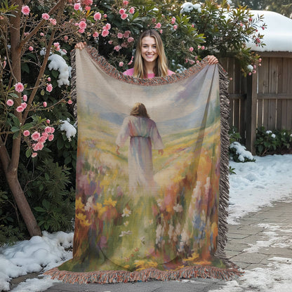 Jesus In The Field Of Flowers | Christian Woven Throw Blanket - ChristVisions