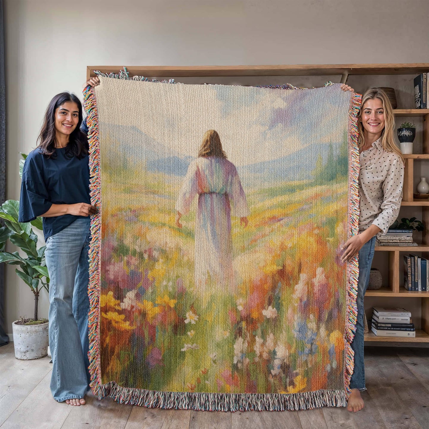Jesus In The Field Of Flowers | Christian Woven Throw Blanket - ChristVisions