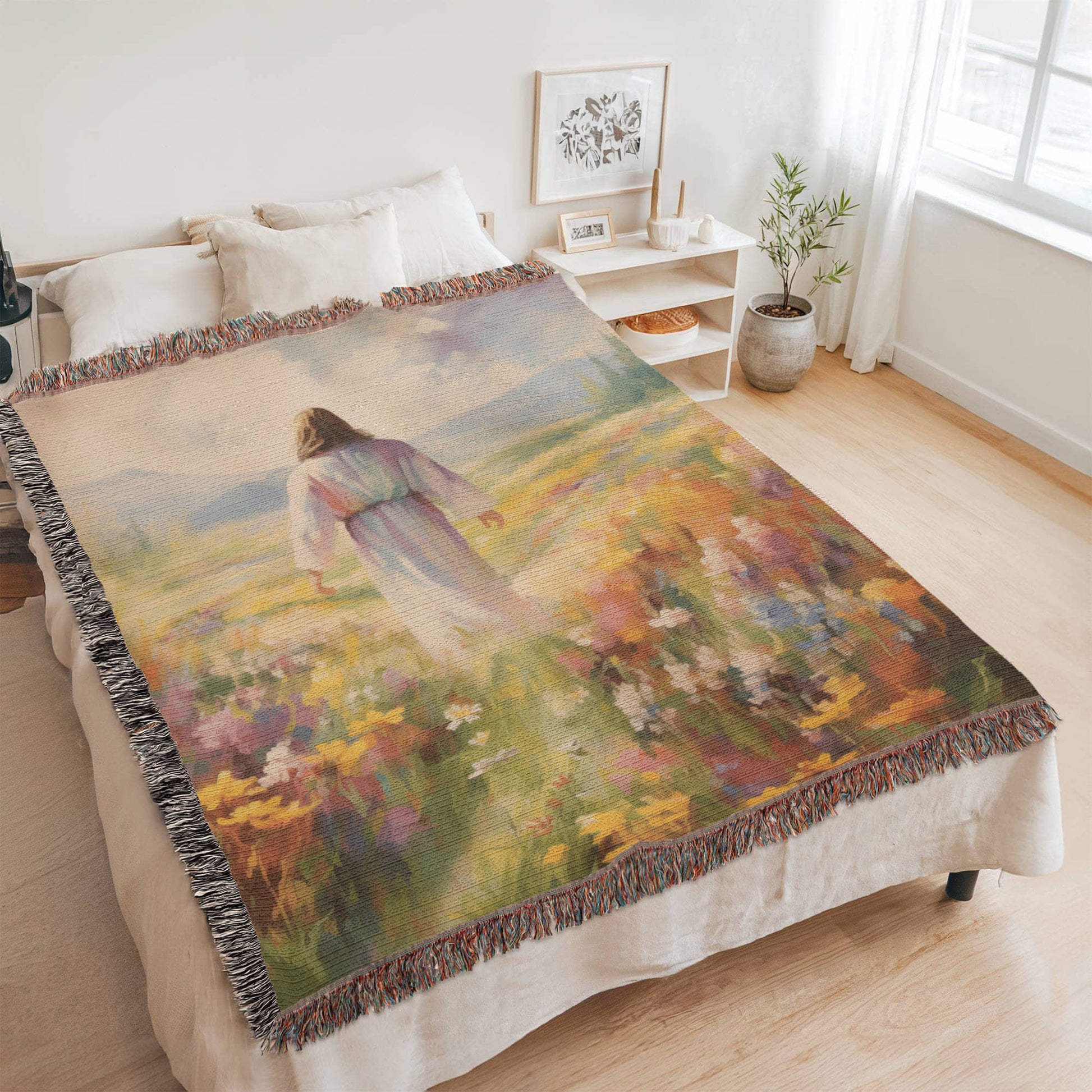 Jesus In The Field Of Flowers | Christian Woven Throw Blanket - ChristVisions