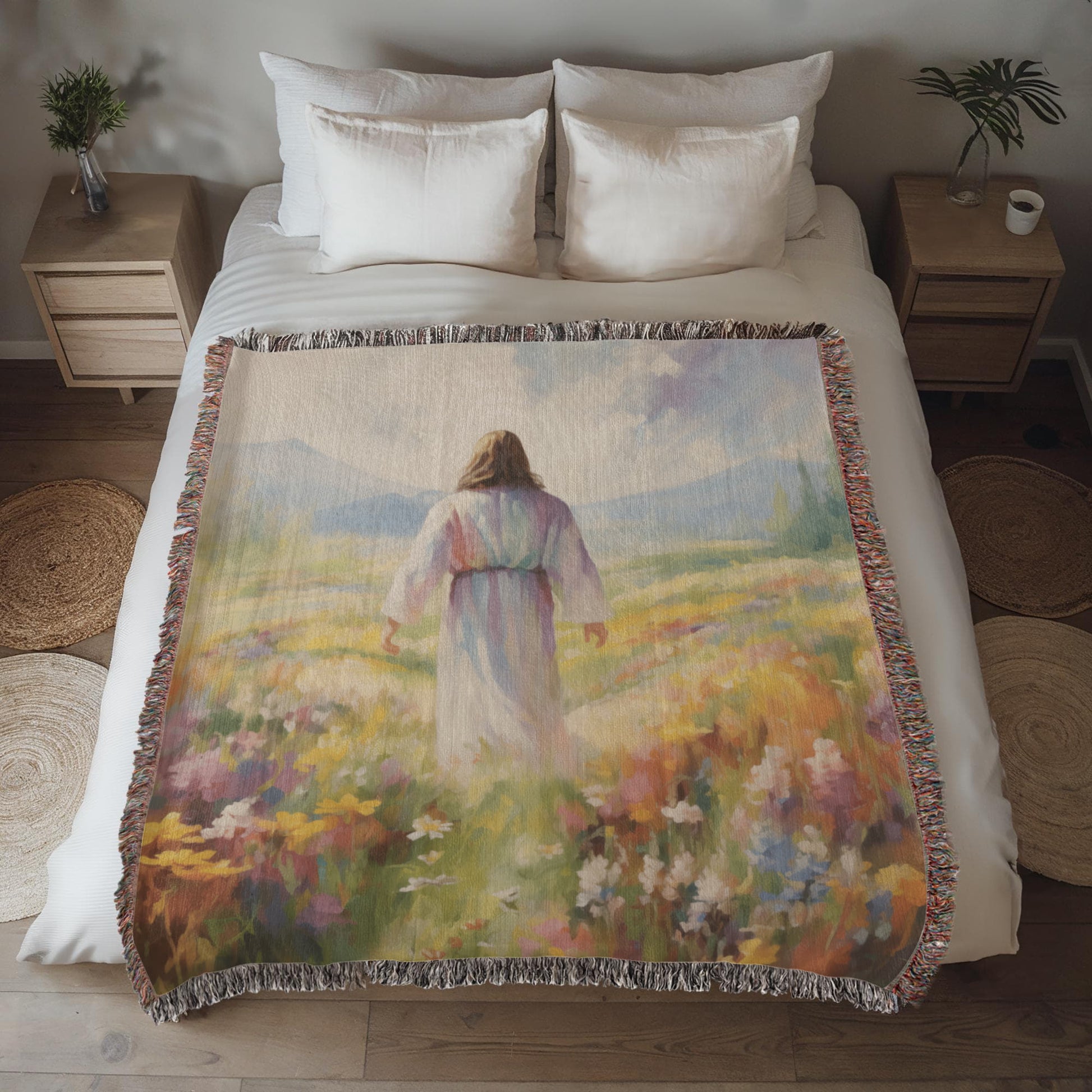 Jesus In The Field Of Flowers | Christian Woven Throw Blanket - ChristVisions