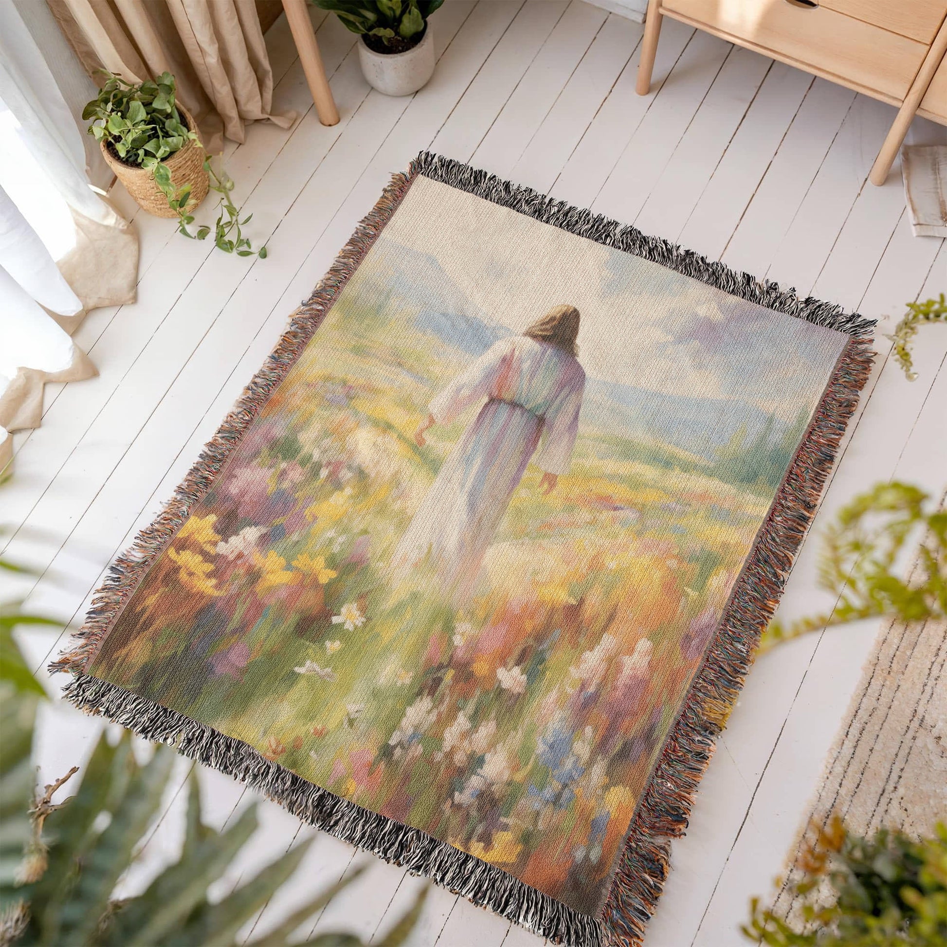Jesus In The Field Of Flowers | Christian Woven Throw Blanket - ChristVisions