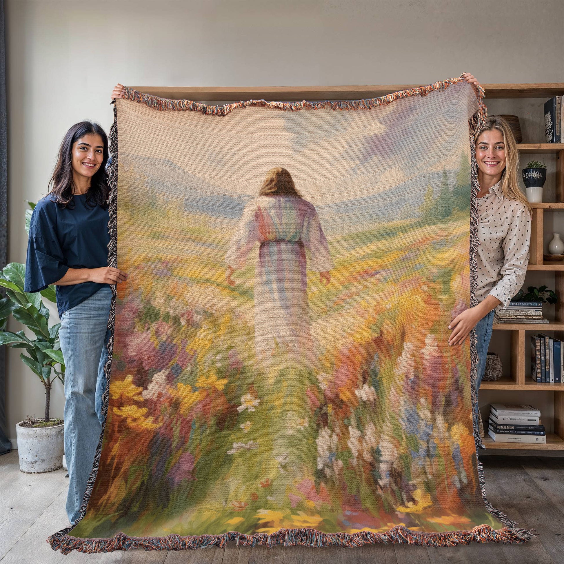 Jesus In The Field Of Flowers | Christian Woven Throw Blanket - ChristVisions