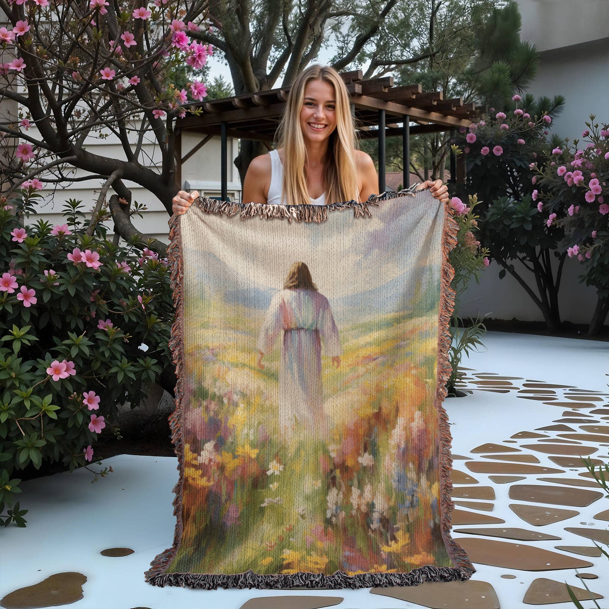 Jesus In The Field Of Flowers | Christian Woven Throw Blanket - ChristVisions