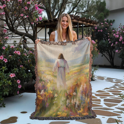 Jesus In The Field Of Flowers | Christian Woven Throw Blanket - ChristVisions