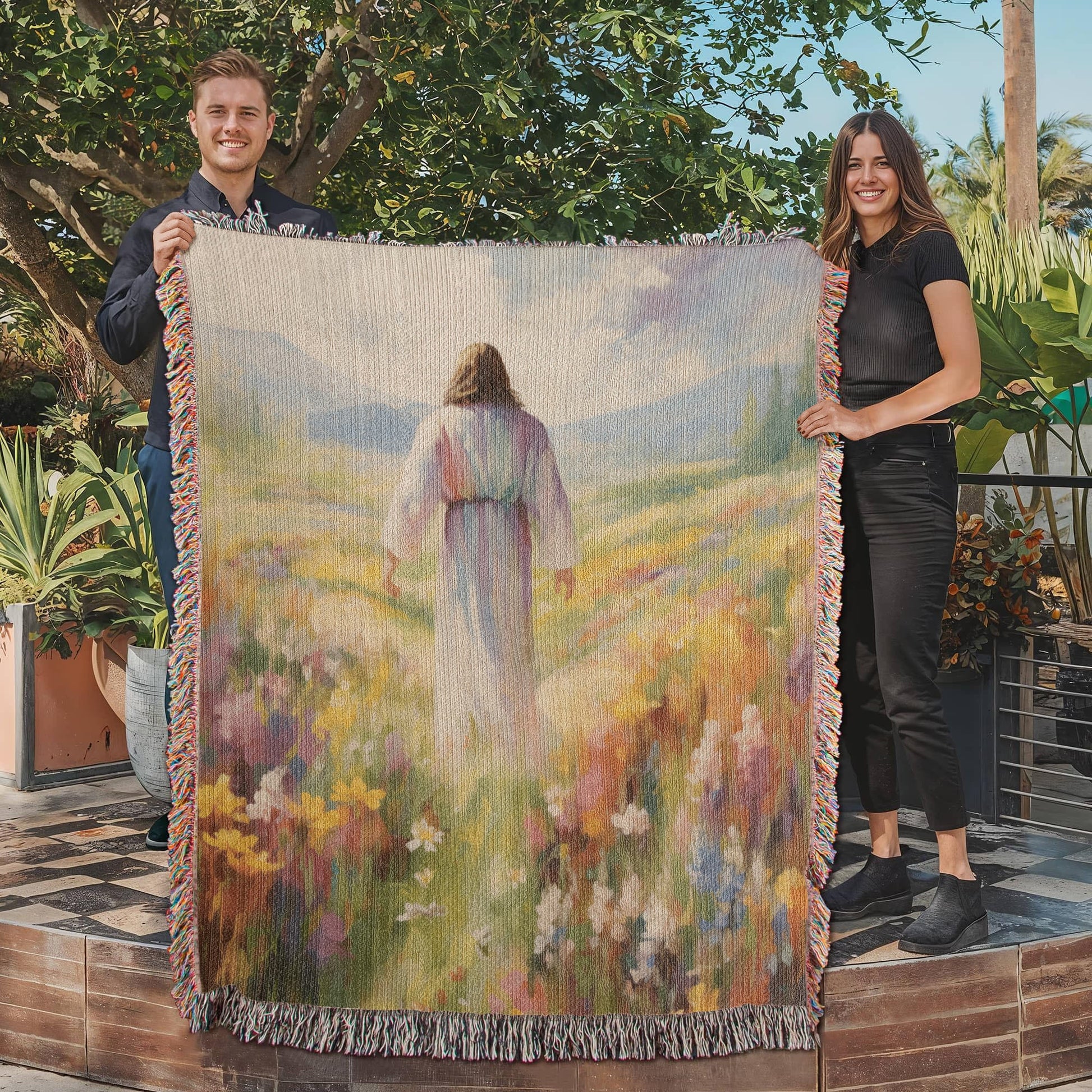 Jesus In The Field Of Flowers | Christian Woven Throw Blanket - ChristVisions