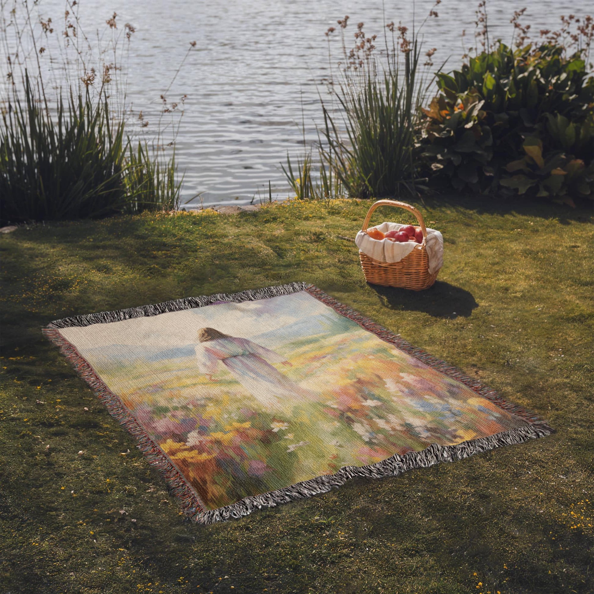Jesus In The Field Of Flowers | Christian Woven Throw Blanket - ChristVisions