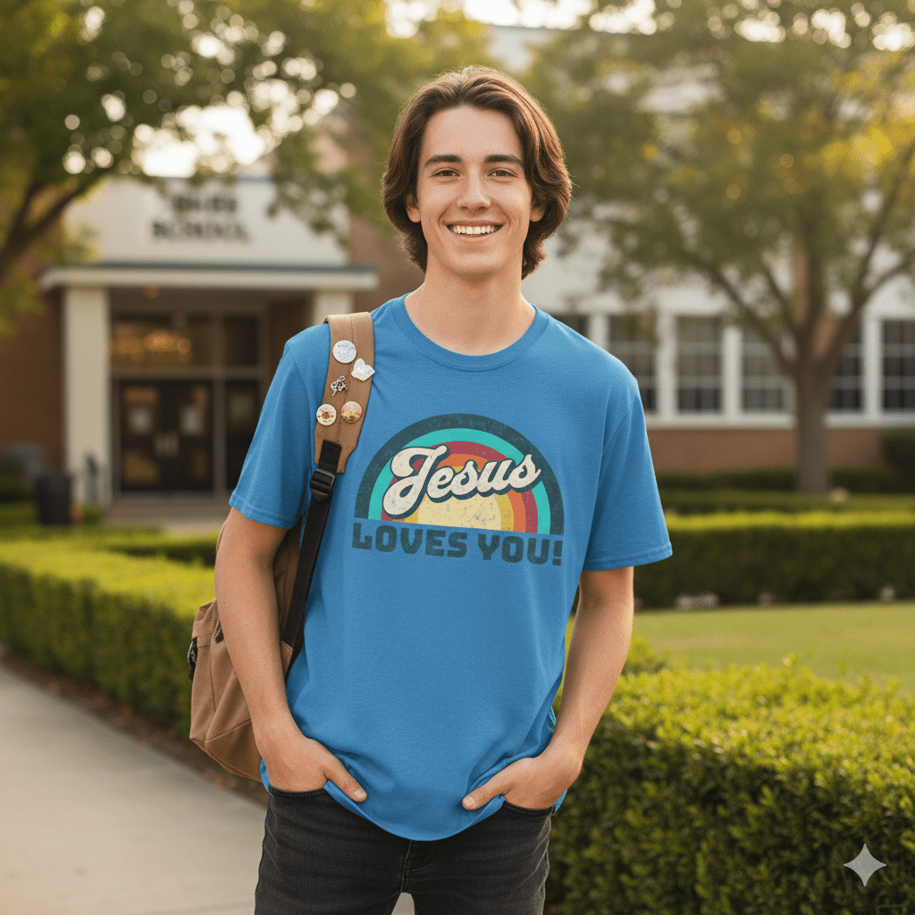 Jesus Loves You 70s Retro Rainbow Shirt - ChristVisions