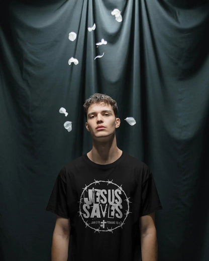 Jesus Saves 90s Grunge Style Christian T-Shirt With John 3:16 & Romans 10:9 - ChristVisions